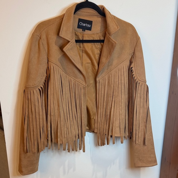 Chartou Jackets & Blazers - Chartou Women's Tan Fringe Faux Suede Jacket, L- Western, Cropped Moto, Fringe